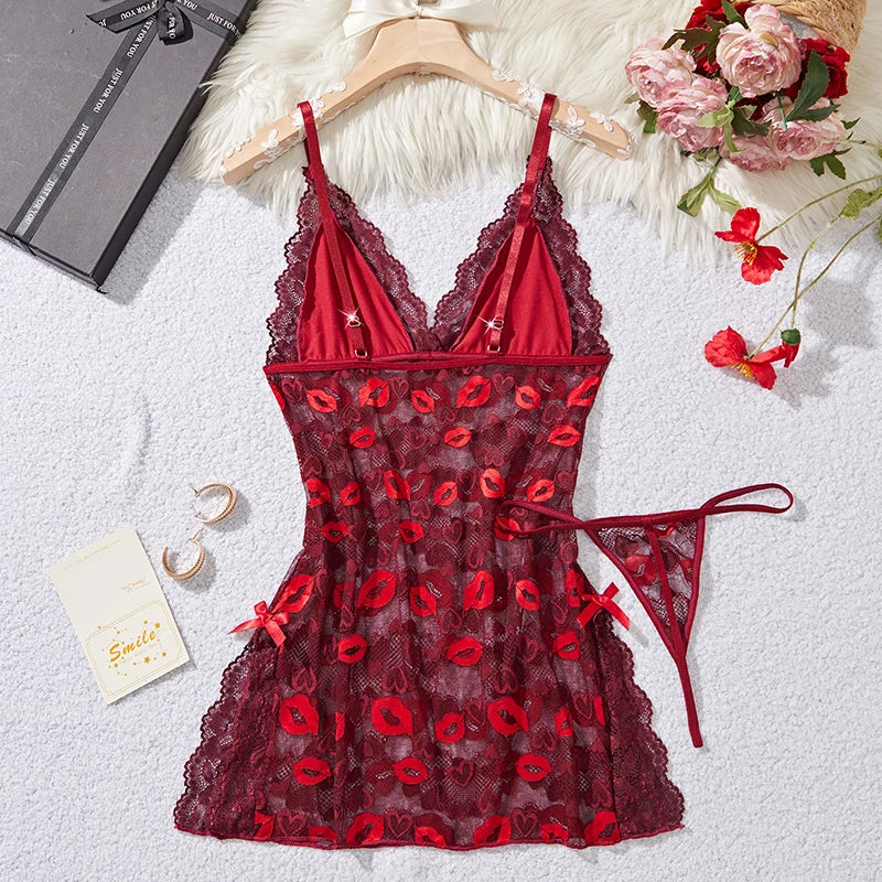 Conjunto Lencería Babydoll con Tirantes y Abertura de Encaje