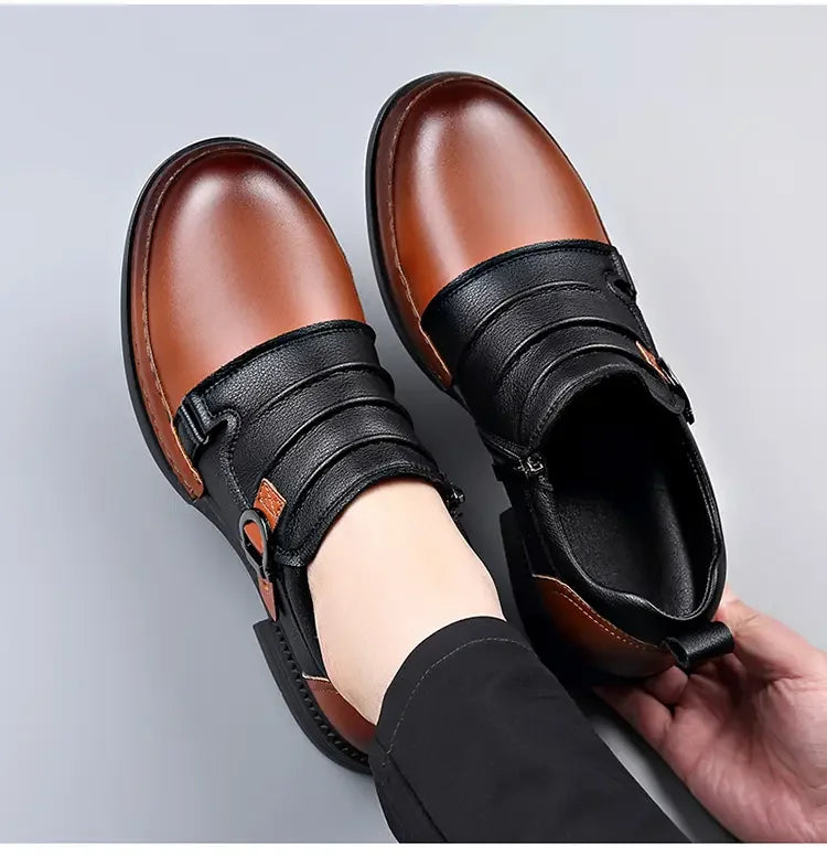 Mocasines con hebilla y cremallera para hombre, cuero genuino, tacón cuadrado
