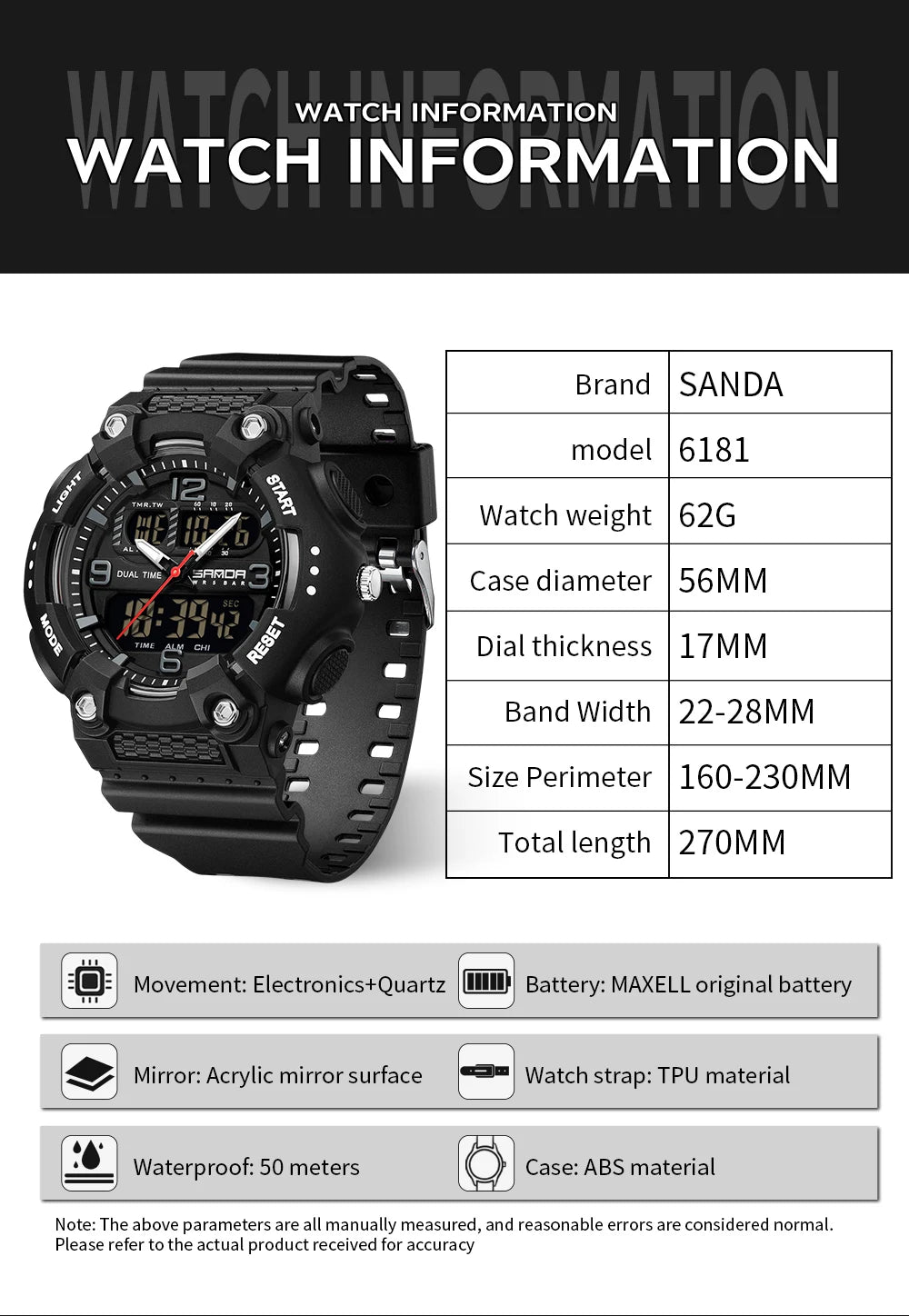 Reloj Digital Deportivo SANDA Pantalla Dual Resistente al Agua 5 Bar