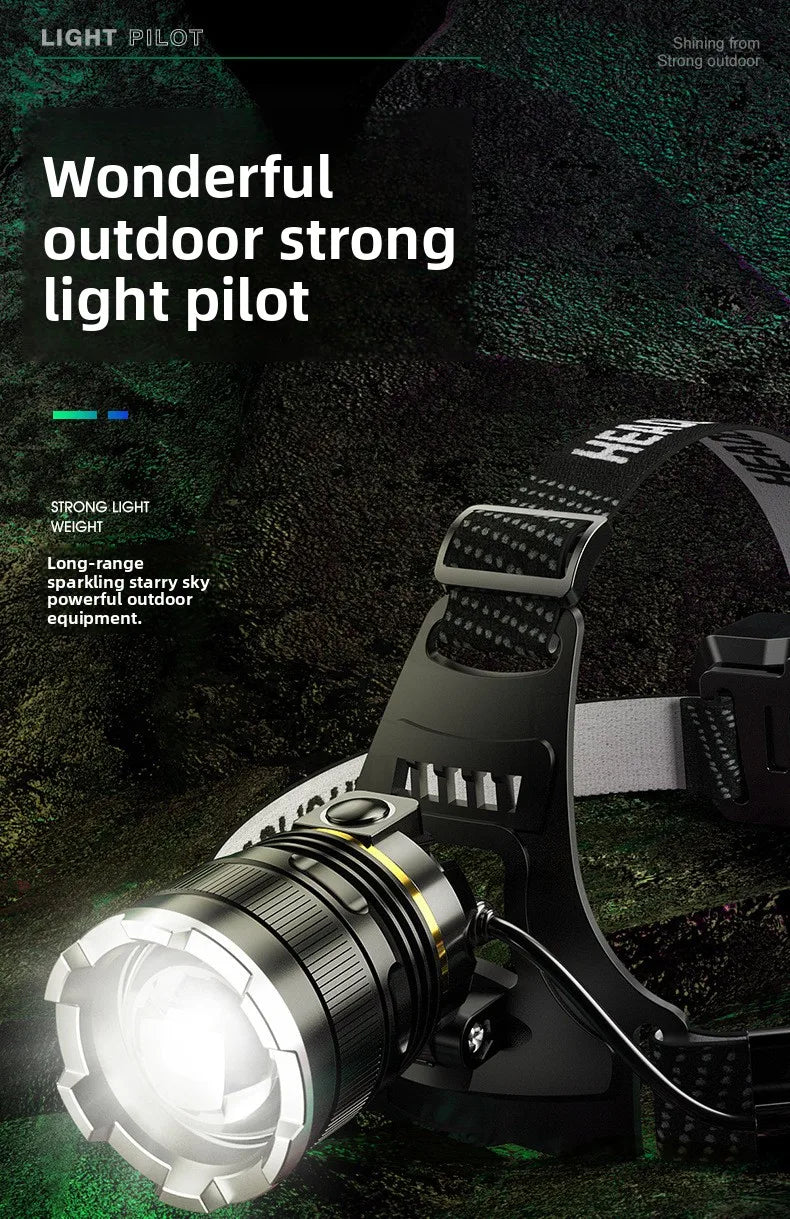 Linterna Frontal LED Recargable 2x18650 con Zoom, para Pesca y Camping