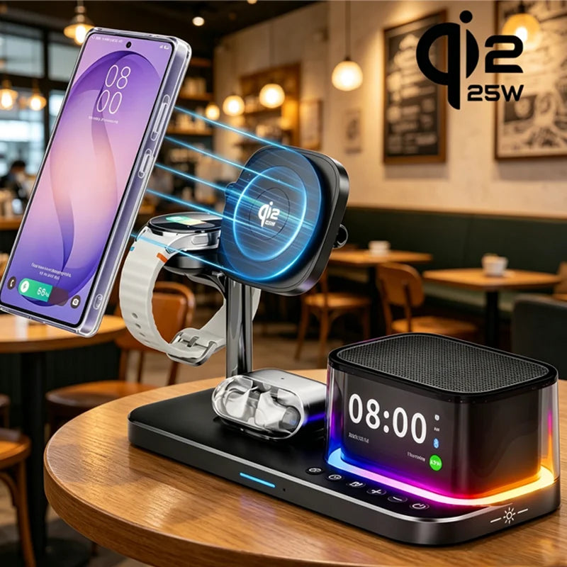 Estación de Carga Inalámbrica Magnética 7 en 1 para iPhone 16~17 Pro Max, Cargador Qi2.2, Altavoz Bluetooth para Apple y Samsung Watch
