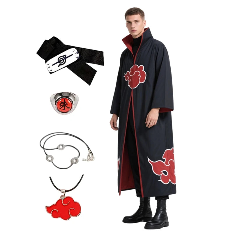 Disfraz de Anime Akatsuki, bata de nube roja con collar, diadema, conjunto de anillo para juego de rol, disfraz de juego para niños y adultos
