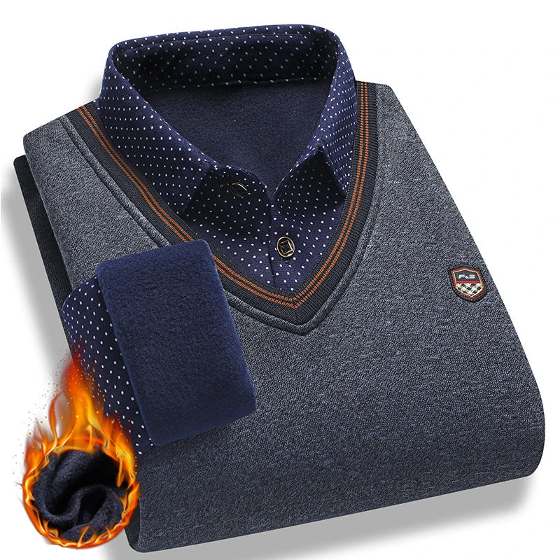 Suéter de felpa para hombre, jersey falso de dos piezas para otoño e invierno, Polo con cuello de lana, Top grueso y cálido, jerséis informales