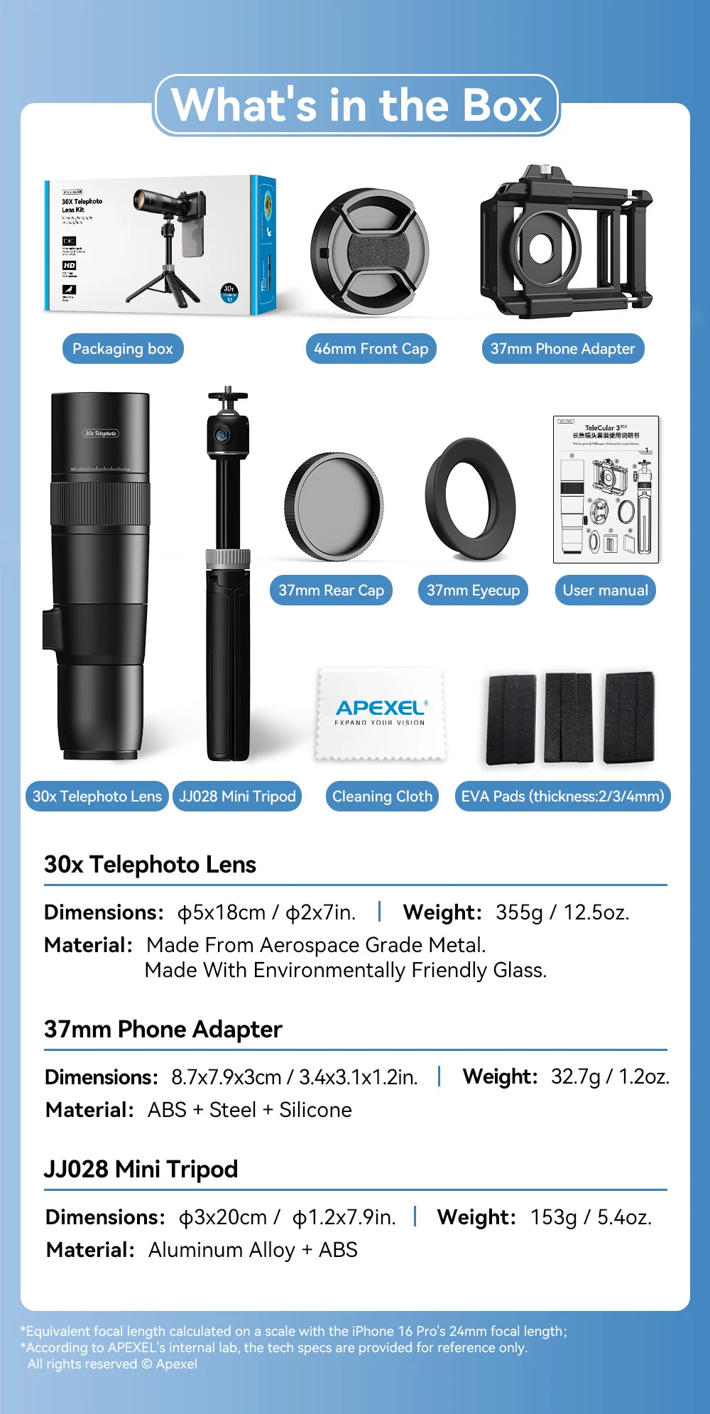 Lente Teleobjetivo Monocular APEXEL 30x para Smartphone con Trípode