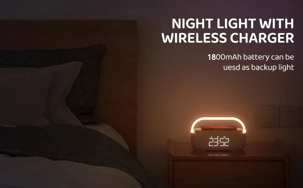 Altavoz Bluetooth portátil con carga inalámbrica, Radio FM, despertador, caja De sonido, música, cargador, lámpara, luz nocturna, Bocina