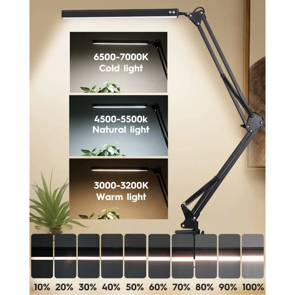 Lámpara de escritorio LED de 10W con abrazadera, brazo oscilante, luz de escritorio regulable para el cuidado de los ojos, 10 niveles de brillo, 3 modos de carga USB