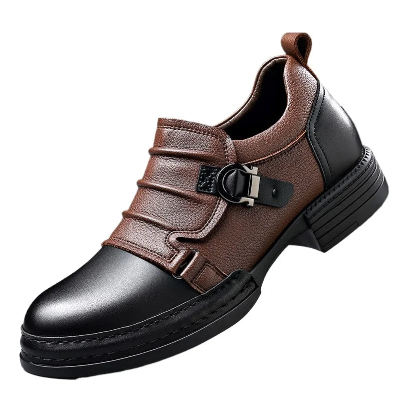 Mocasines con hebilla y cremallera para hombre, cuero genuino, tacón cuadrado