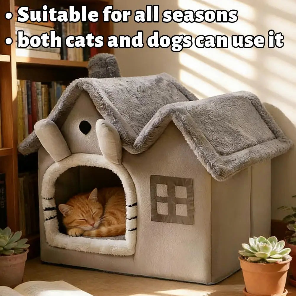 Casa Plegable para Mascotas con Doble Techo y Alfombra Cálida