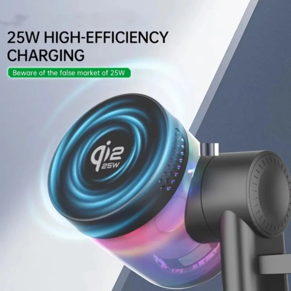 Altavoz Bluetooth QI2 de 25W 5.3 con Cargador Inalámbrico Magnético Rápido de 25W y Reloj Despertador para iPhone 17-12 Pro Max, Apple Watch y Airpods