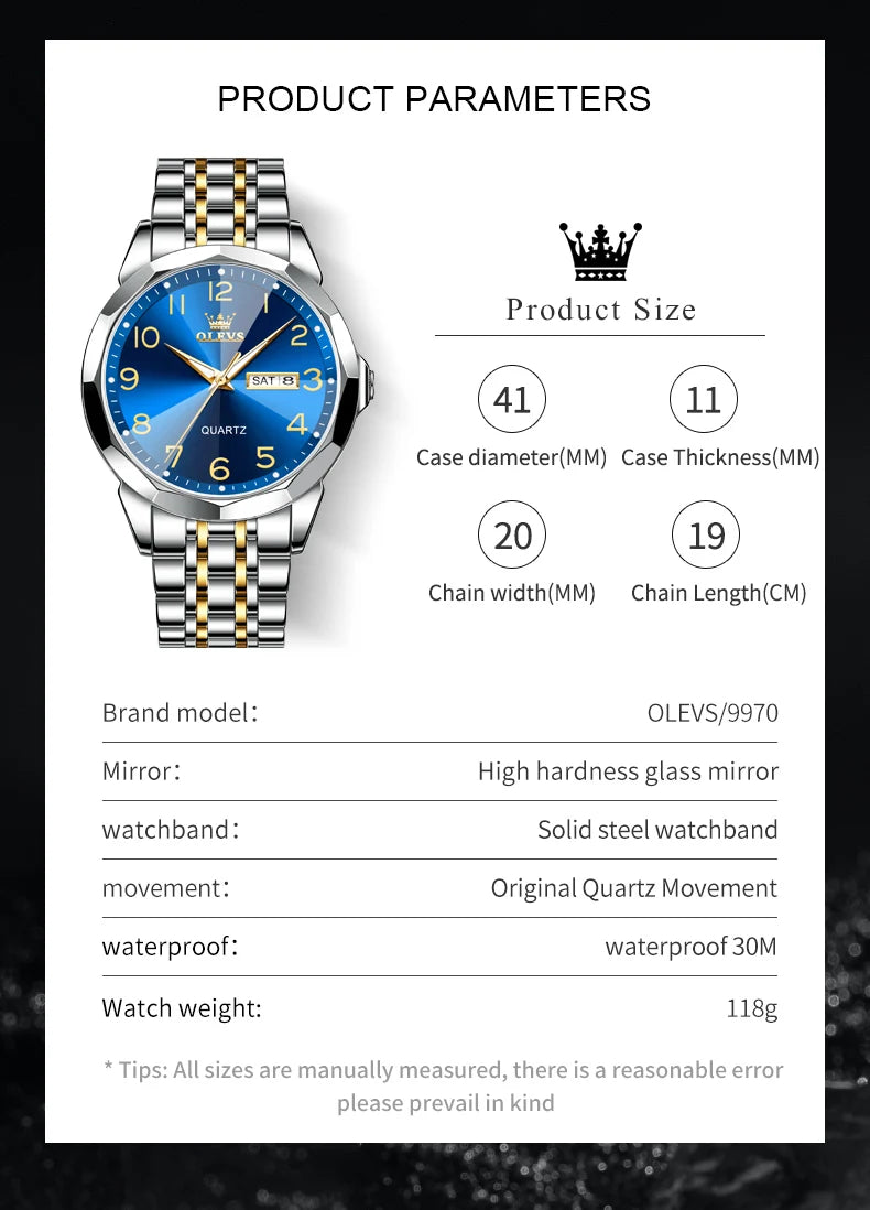 Reloj de Cuarzo Analógico para Hombre OLEVS 9970 Acero Inoxidable Negocios