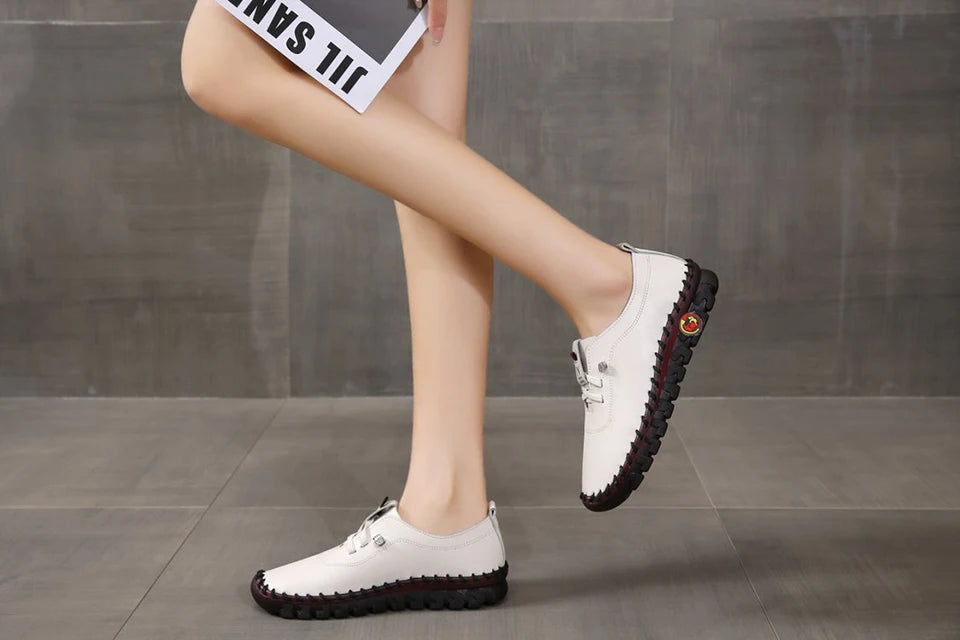 Zapatillas de deporte para Mujer, mocasines con cordones de cuero, planos, informales, cómodos, para mamá, para Mujer