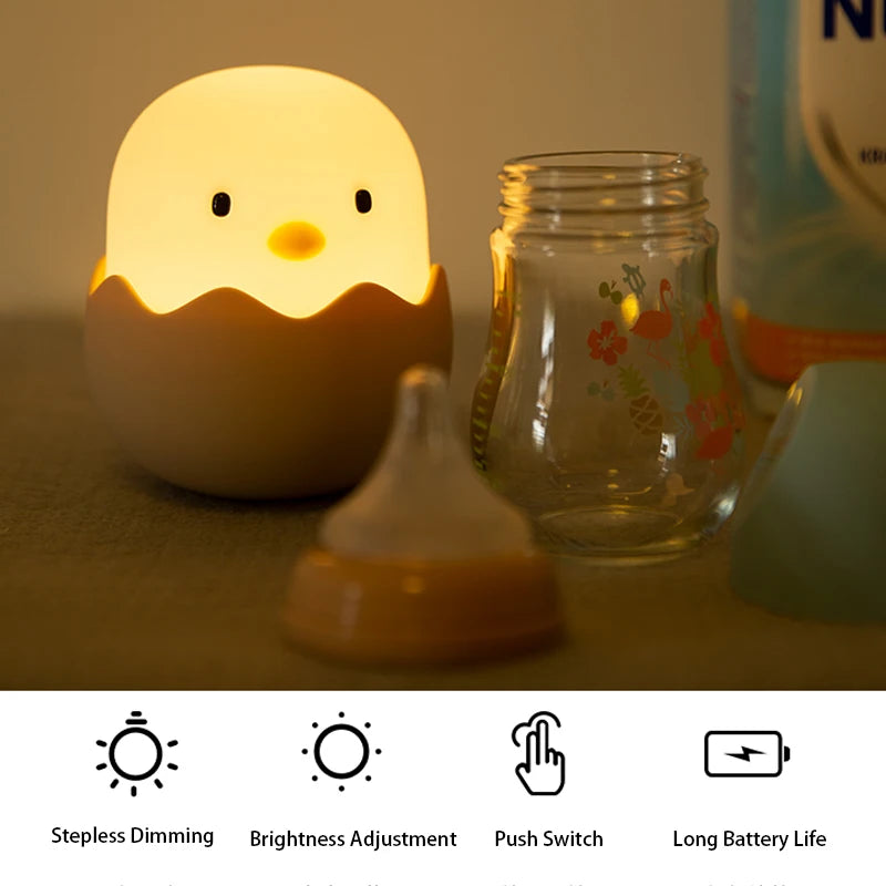 Luz nocturna de pollo de cáscara de huevo, luz LED de dibujos animados para dormitorio, luz ajustable táctil, luz cálida recargable, luz de ambiente