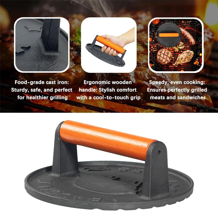 Prensa para tocino LMETJMA, prensa para parrilla de hierro fundido de alta resistencia, prensa para carne y carne con mango de madera, prensa para aplastar hamburguesas de cocina JT277