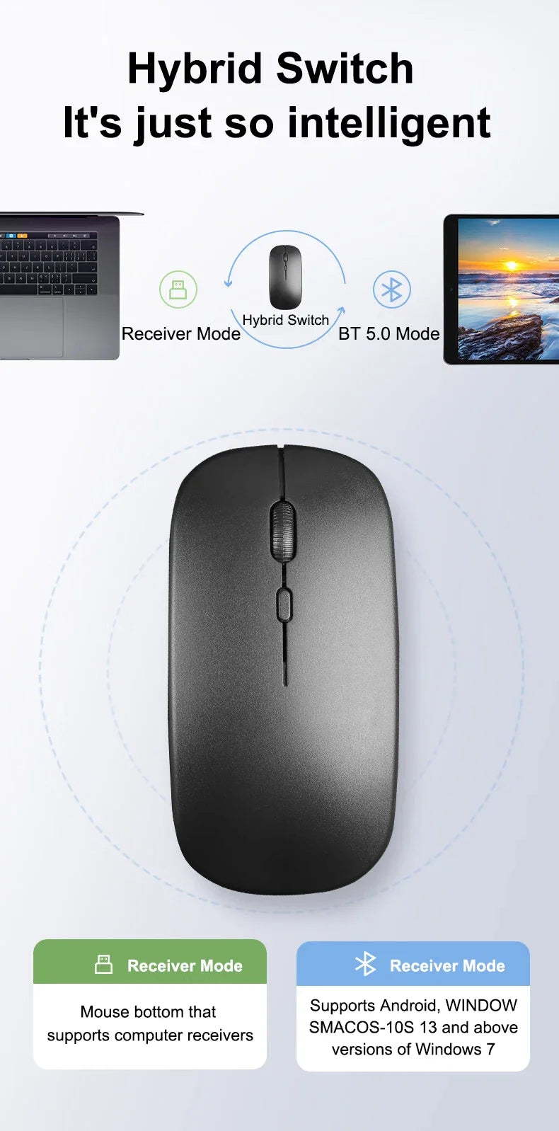 Ratón inalámbrico portátil compatible con Bluetooth 2,4 GHz modos duales ratón de ordenador con Nano receptor para Notebook PC portátil Macbook