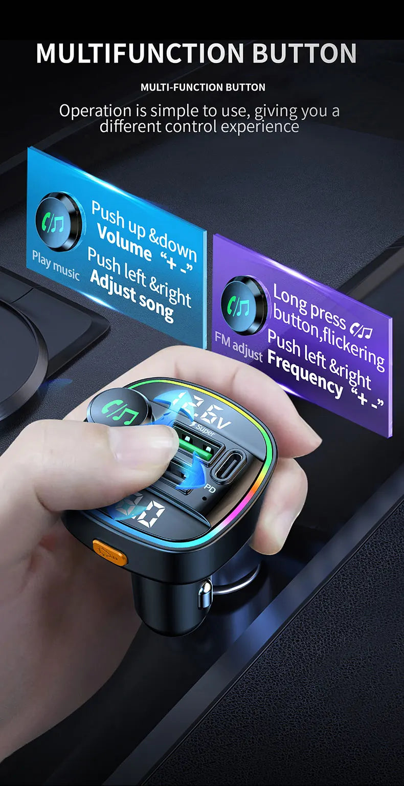 Transmisor FM Bluetooth 5.3 para Auto con Carga Rápida USB 22.5W