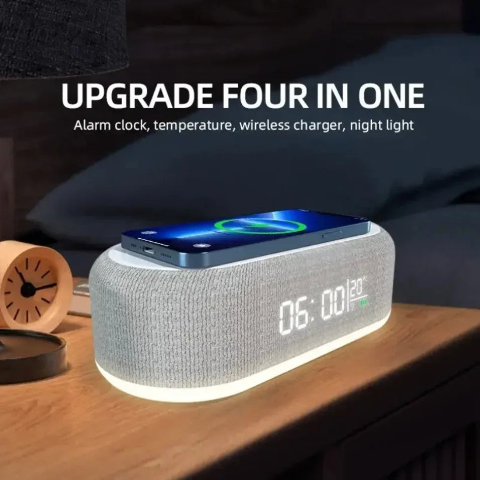Base de Carga Inalámbrica con Alarma, Lámpara de Noche, Reloj de Escritorio y Termómetro para iPhone 17, 16, 15, 14, 13, con Carga Rápida