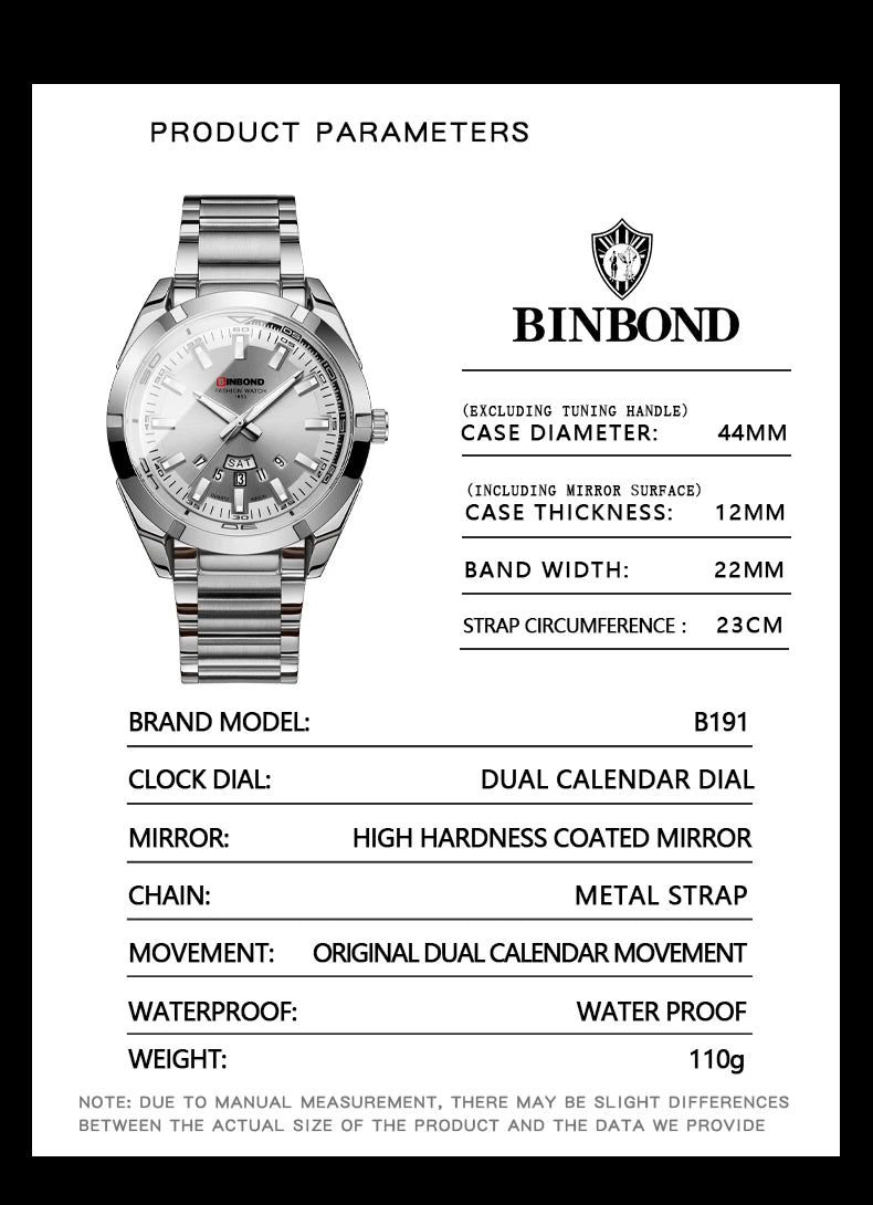 Reloj de Cuarzo BINBOND para Hombre Elegante Resistente al Agua