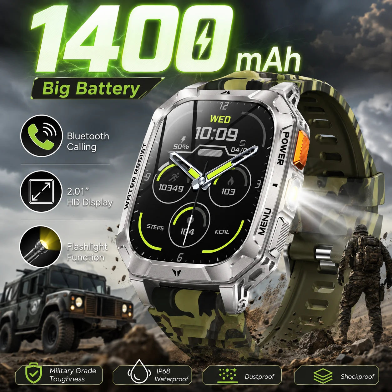Reloj Inteligente LIGE Militar Batería 1400mAh Bluetooth