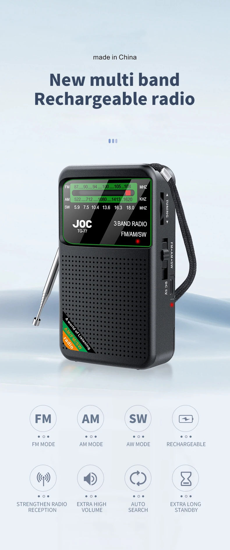 Radio Portátil FM AM SW de Bolsillo con Altavoz y Pantalla HD