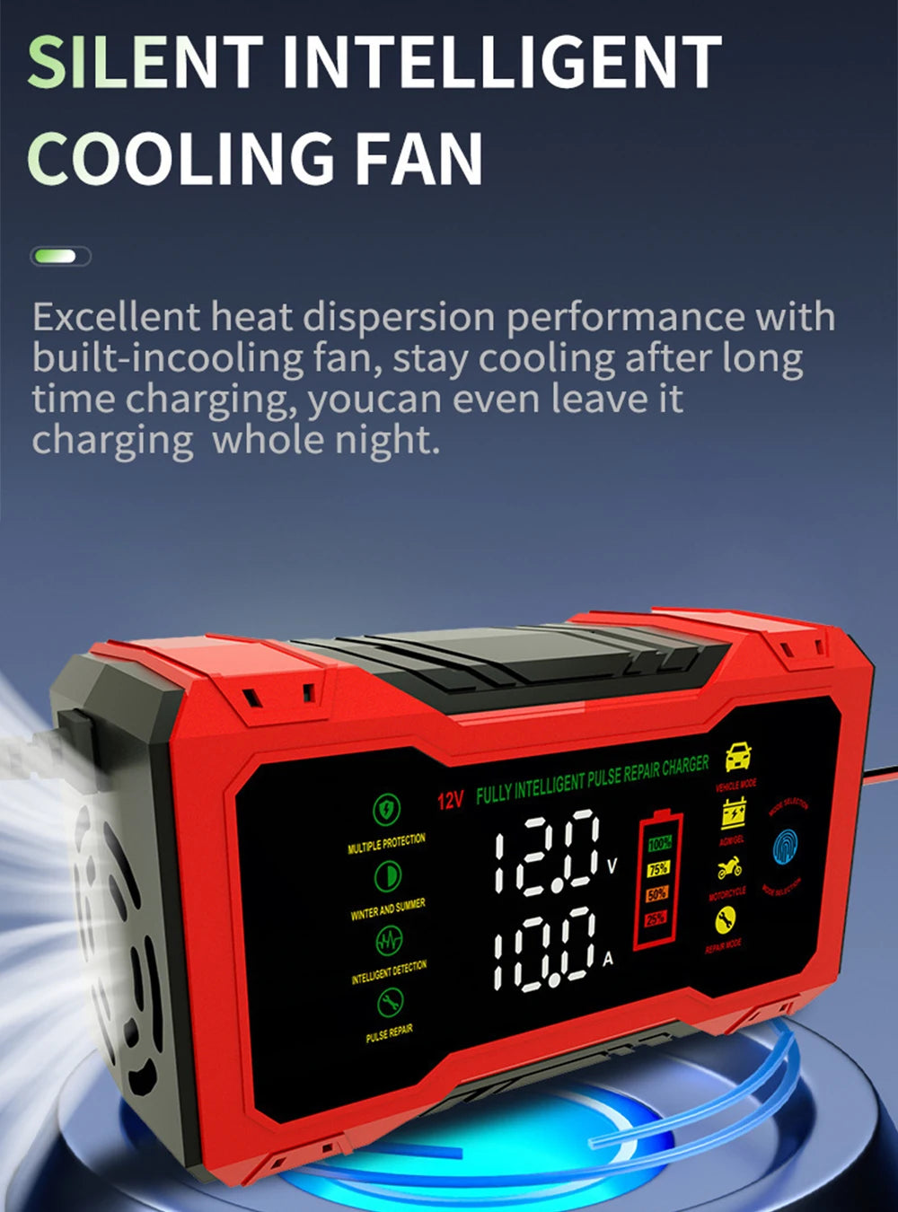 Cargador de batería inteligente 12V 10A con pantalla LCD para autos y motos
