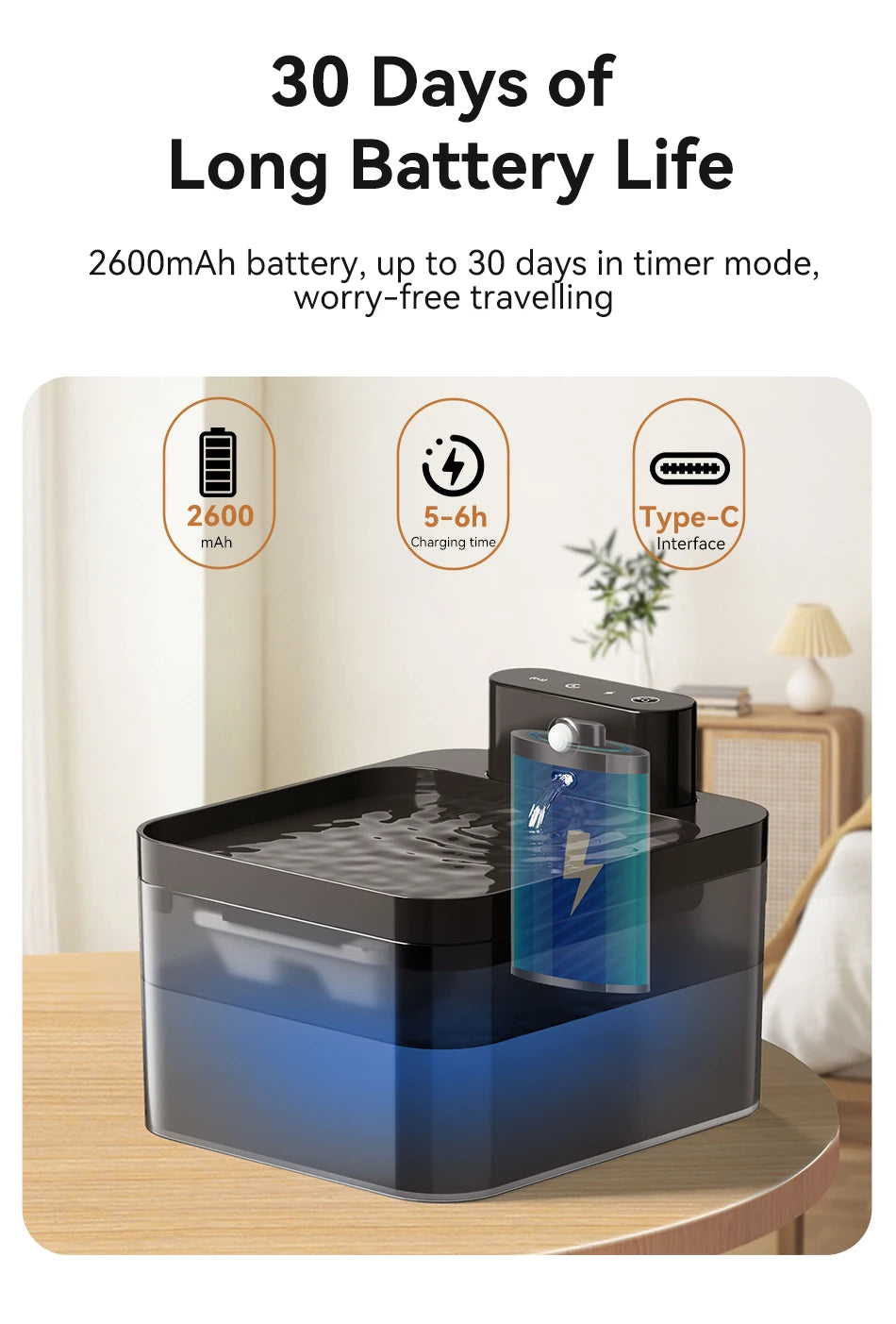 ROJECO-fuente de agua automático inalámbrico para gatos, dispensador de agua para mascotas de 2600mAh, Sensor infrarrojo para perros y gatos, bebedero inteligente para mascotas