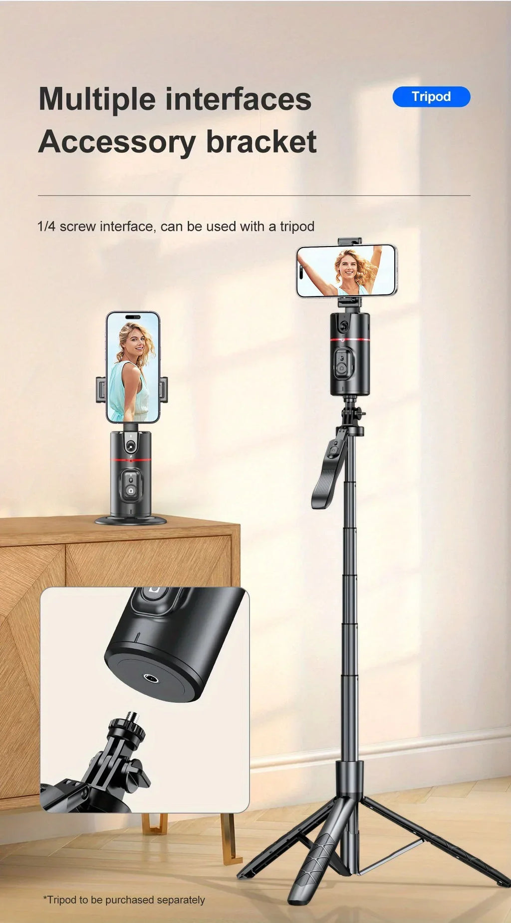 Soporte para Teléfono de Escritorio P02 con Seguimiento Facial 360 °   Gimbal Giratorio Automático para iPhone 16 15 Samsung S23 Xiaomi, Palo Selfie de Mano