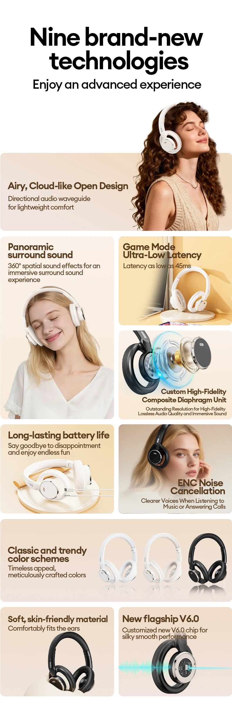 Choice Lenovo Auriculares para juegos inalámbricos Bluetooth 6.0, auriculares plegables deportivos sobre la oreja con micrófono HD, regalos LS116