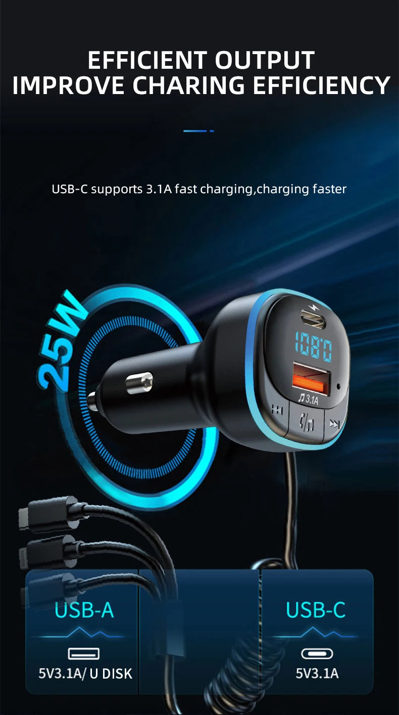 Transmisor FM Bluetooth para Auto con Cargador Dual y Cable 3 en 1