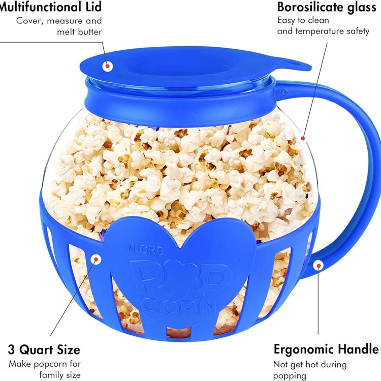 LMETJMA - Palomitero de Vidrio para Microondas de 2.25QT, Resistente a Altas Temperaturas, con Tapa de Silicona, Apto para Lavavajillas