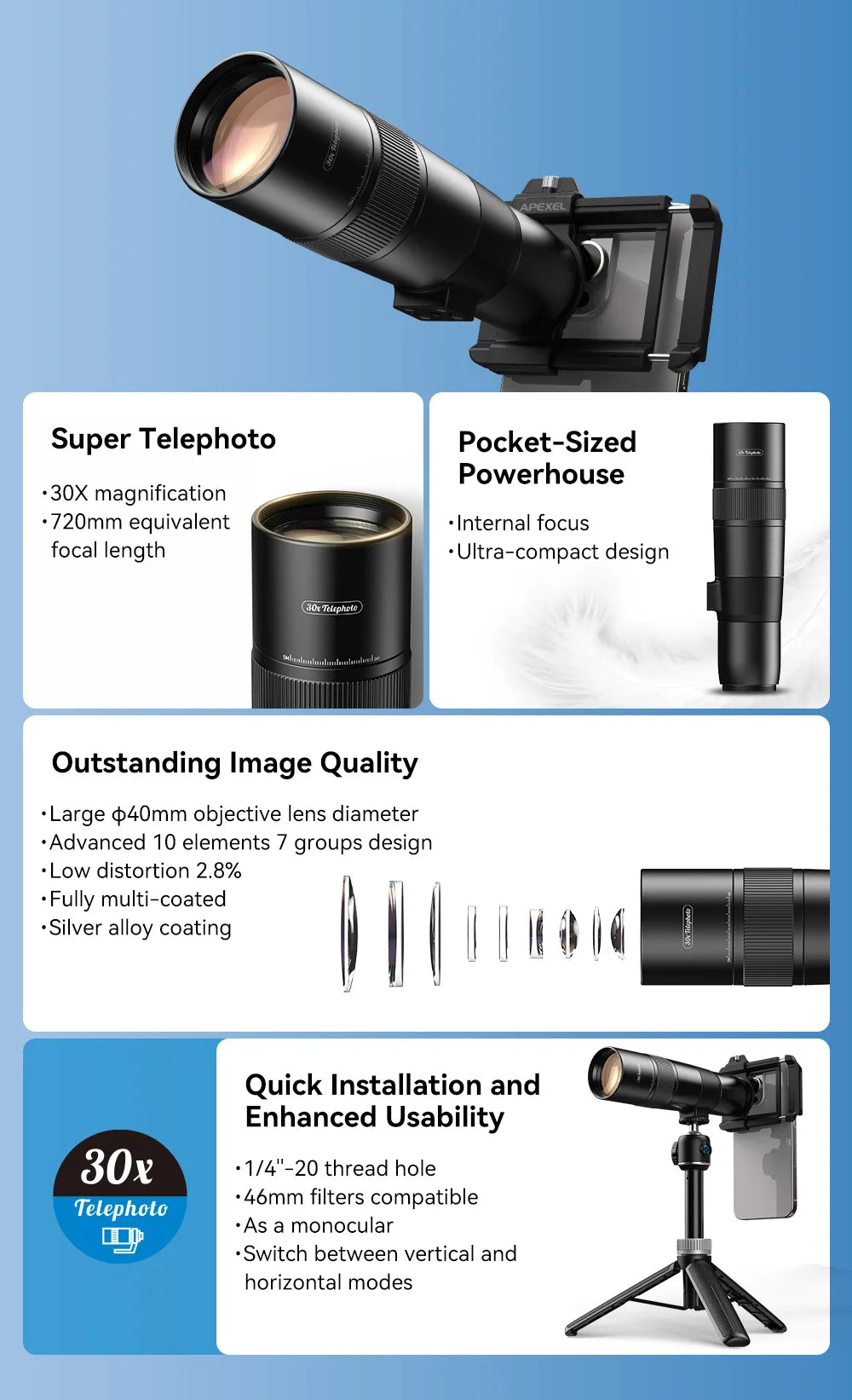 Lente Teleobjetivo Monocular APEXEL 30x para Smartphone con Trípode