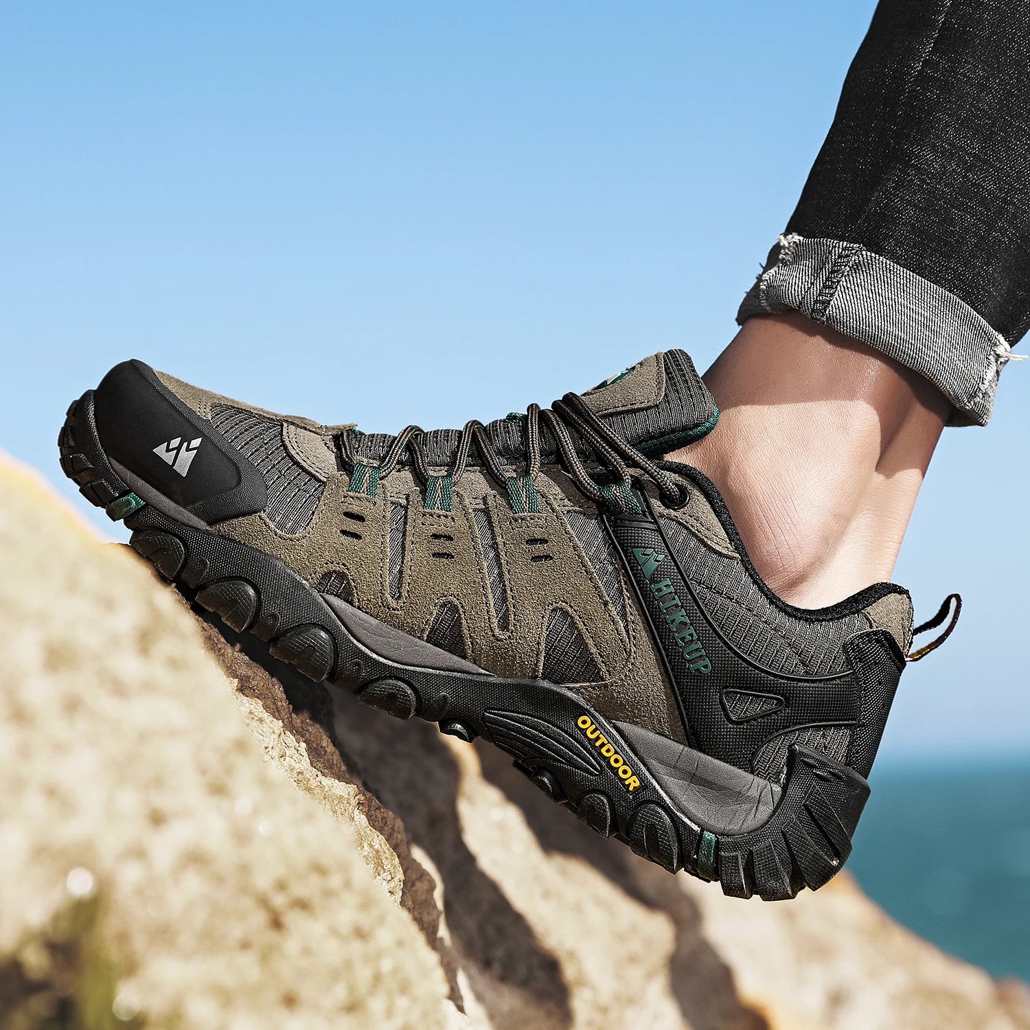 Zapatos de senderismo HIKEUP para hombre, zapatos de exterior de piel de ante, zapatillas tácticas resistentes al desgaste para senderismo, caminar y cazar