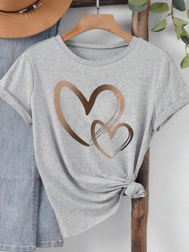 Camiseta con Estampado de Corazón para Mujer, Manga Corta