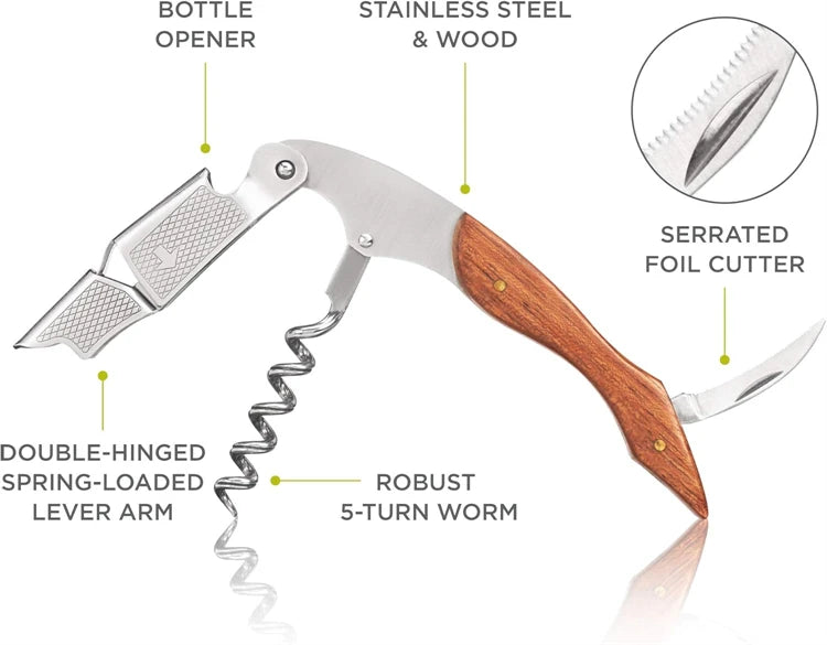 LMETJMA Sacacorchos de camarero 3 en 1, abridor de vino con mango de madera, sacacorchos de alta resistencia, abridores de corcho, llave de vino Manual para restaurante JT331