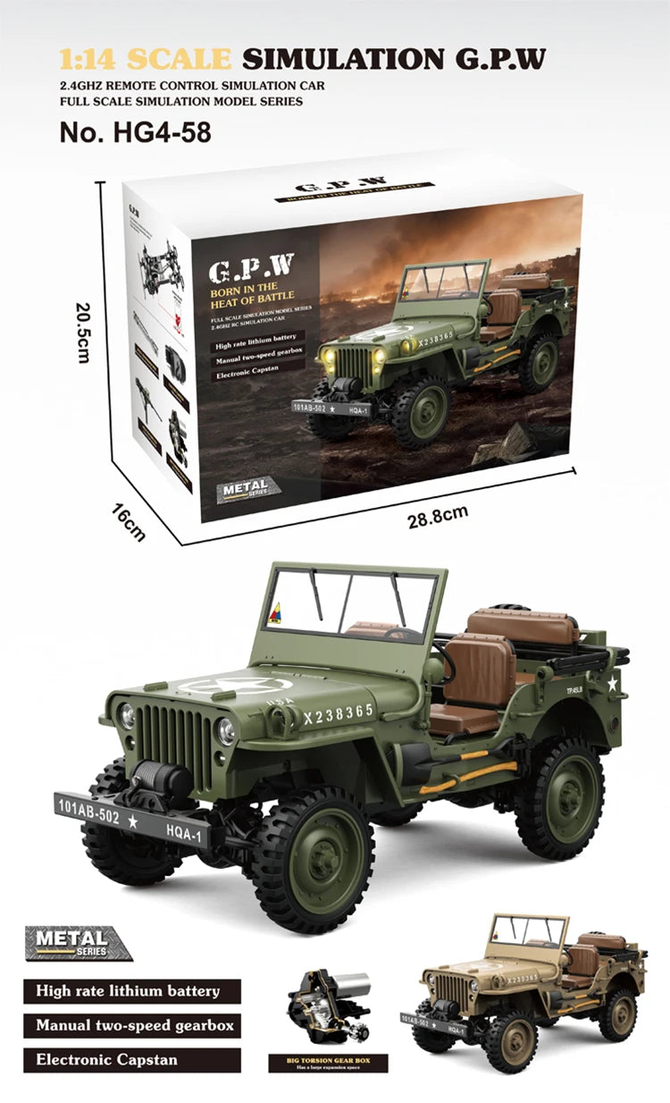 Jeep Willys RC 1/14 Militar con Cabrestante 4WD