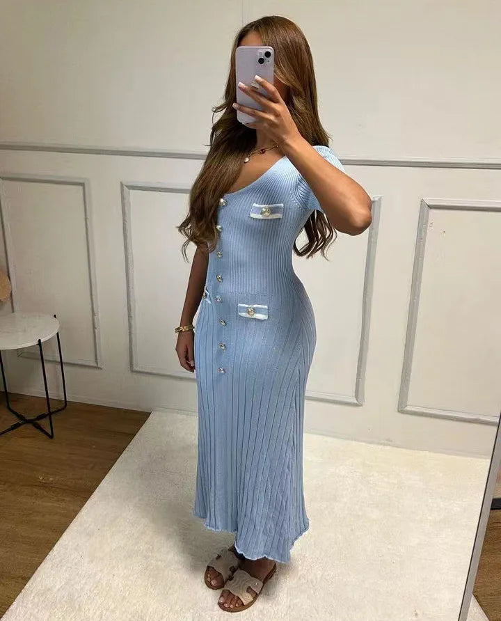 Vestido largo de punto con cuello en V para mujer, suéter elegante de un solo pecho, ropa de calle ceñida al cuerpo, moda de verano, 2024