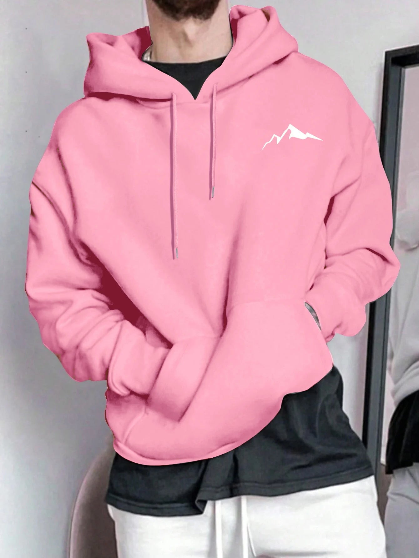 Sudadera con capucha de manga larga con estampado gráfico de montaña, informal, holgada, para hombre, de otoño e invierno, cálida.
