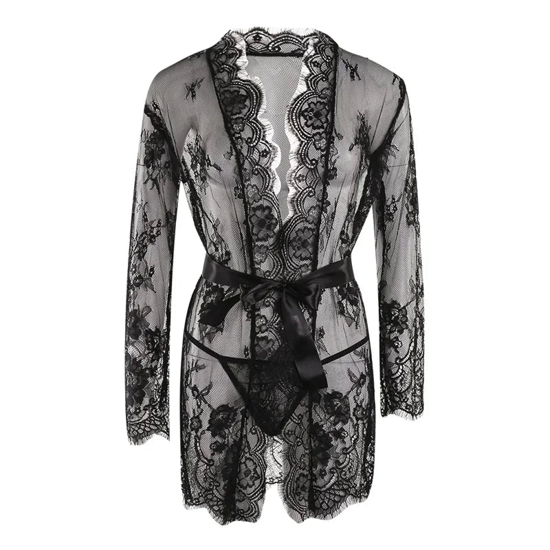 Babydoll Transparente con Cuello en V, Tanga de Encaje para Mujer