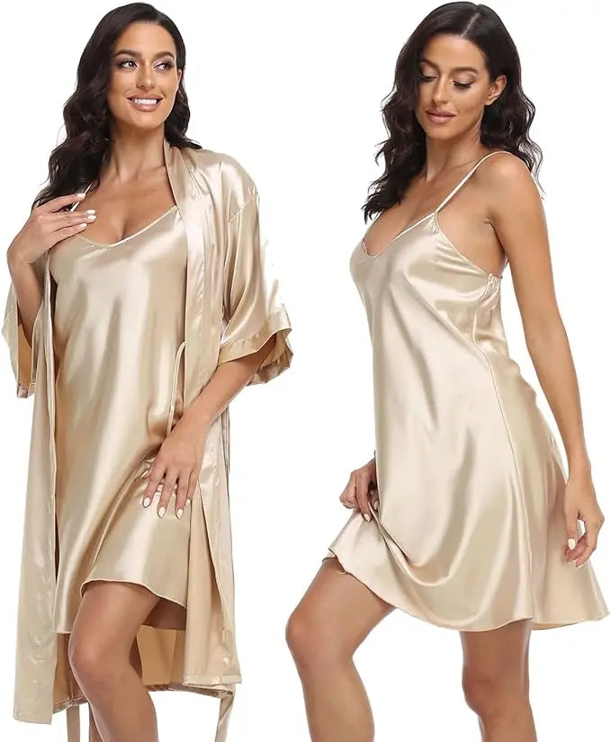 Conjunto de pijamas de seda de lujo para mujer, bata de manga larga, falda holgada cómoda, pijamas para mujer, conjunto de dos piezas