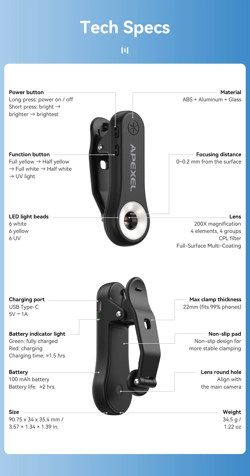 Lente Microscopio 200X APEXEL con Luz LED para Smartphones