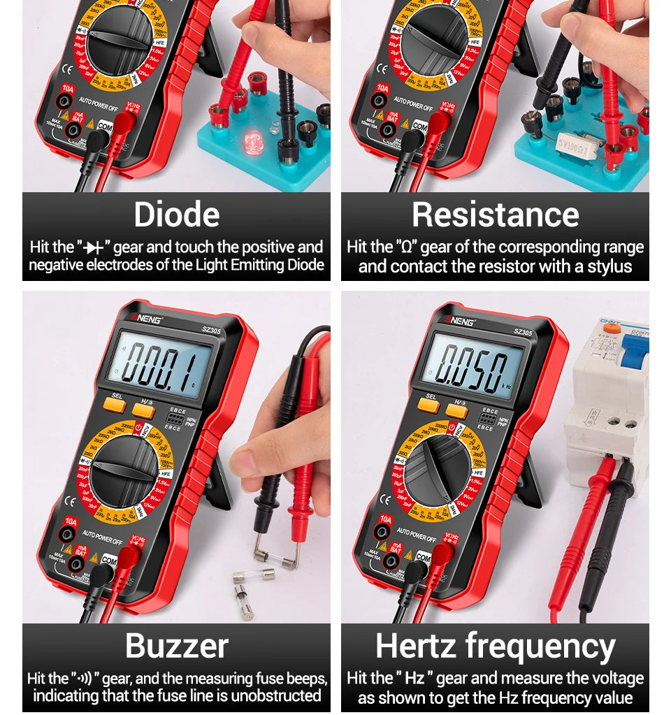 ANENG-multímetro Digital SZ305, condensador amperímetro de voltaje CA/CC profesional, triodo hFE, probador de electricista de inducción de voltaje NCV