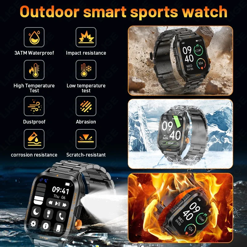 LIGE Reloj Inteligente Militar 880mAh Linterna
