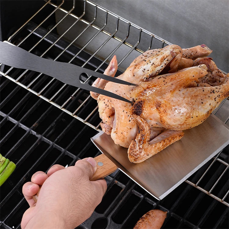 Espátula para plancha al aire libre, espátula para parrilla de acero inoxidable, raspador, espátula plana, aleta para panqueques, volteador de hamburguesas para asar JT596