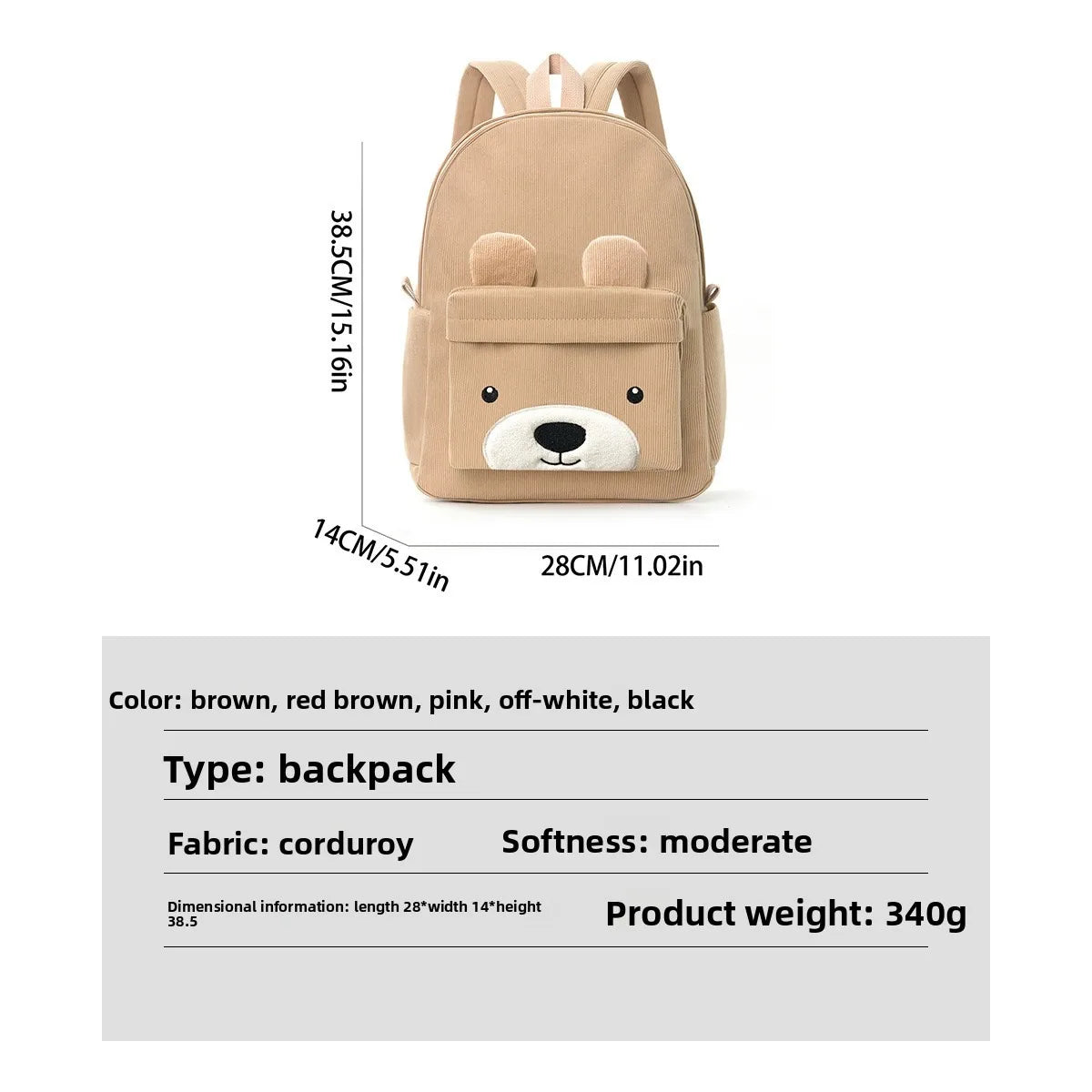 Mochila Infantil de Pana, Mochila Escolar Primaria, Mochila Casual de Moda con Diseño de Oso, Mochila de Gran Capacidad