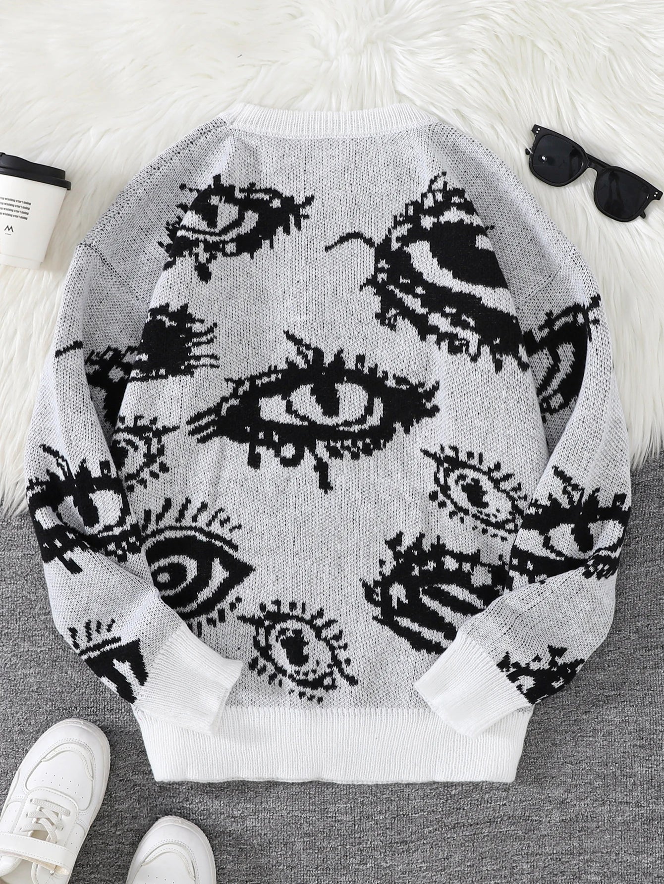 Nuevo Jersey Popular de otoño e invierno con diseño de Jacquard de ojos abstractos, suéter informal de punto con cuello redondo para hombre