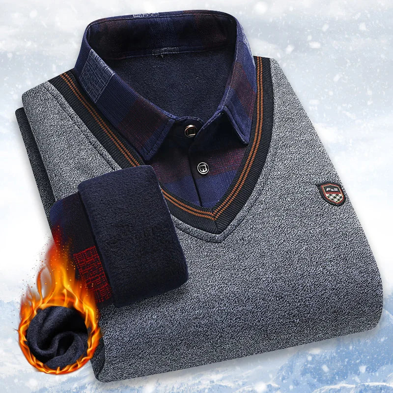 Suéter de felpa para hombre, jersey falso de dos piezas para otoño e invierno, Polo con cuello de lana, Top grueso y cálido, jerséis informales