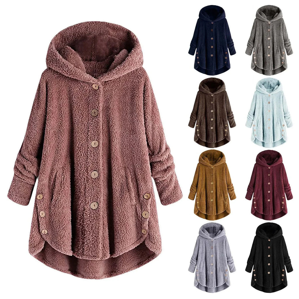 Otoño Invierno mujer abrigo cálido oso de peluche abrigo chaqueta de lana mujer abrigo de felpa chaqueta con capucha abrigos de mujer chaqueta de Color sólido