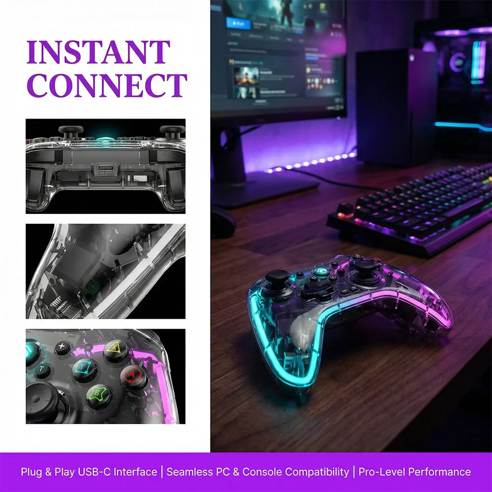 Controlador de juegos inalámbrico, controlador de juegos Bluetooth ergonómico con efecto de luz RGB para Switch, PS3, PS4, iPhone, teléfono Android, PC