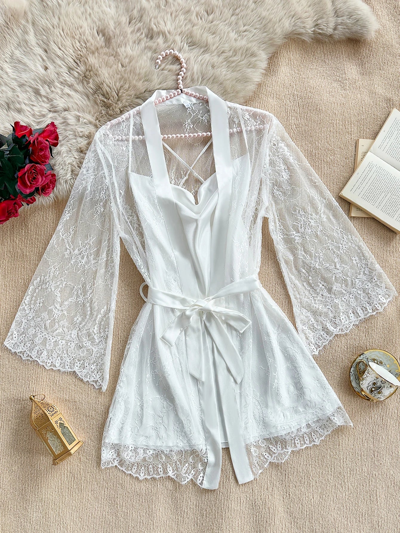 Conjunto de Camisón y Bata de Encaje para Mujer — Ropa de Dormir Sexy