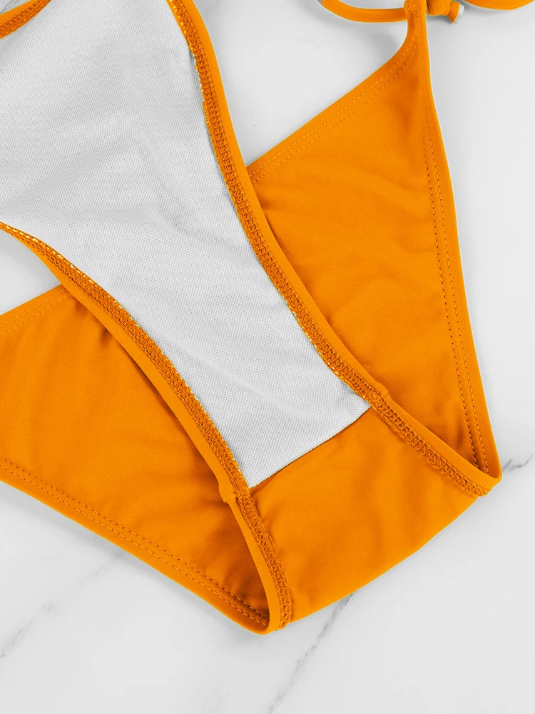 Conjunto de bikini sexy para mujer, estilo veraniego para vacaciones en la playa, color sólido, con cuello halter, espalda descubierta y cordones, traje de baño.