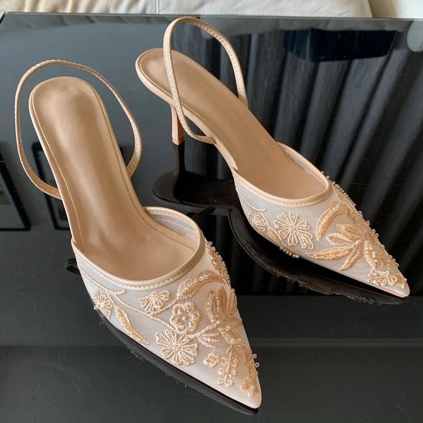 Sandalias de Tacón Alto con Malla Bordada y Cuentas para Mujer